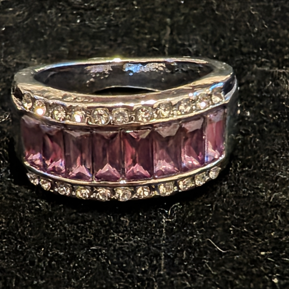 Silver Band Ring with Purple Baguette Stones and Pavé Accents